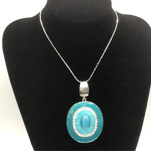 Big Pendant Blue/Green Enamel, Rhinestones w central bead all set in Silver tone